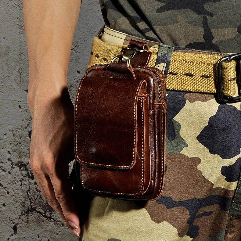 Leather Belt Bag for Men – Full-Grain Cowhide Waist Pack with Adjustable Strap, Magnetic Clasp & Zippered Compartments for Travel, Hiking