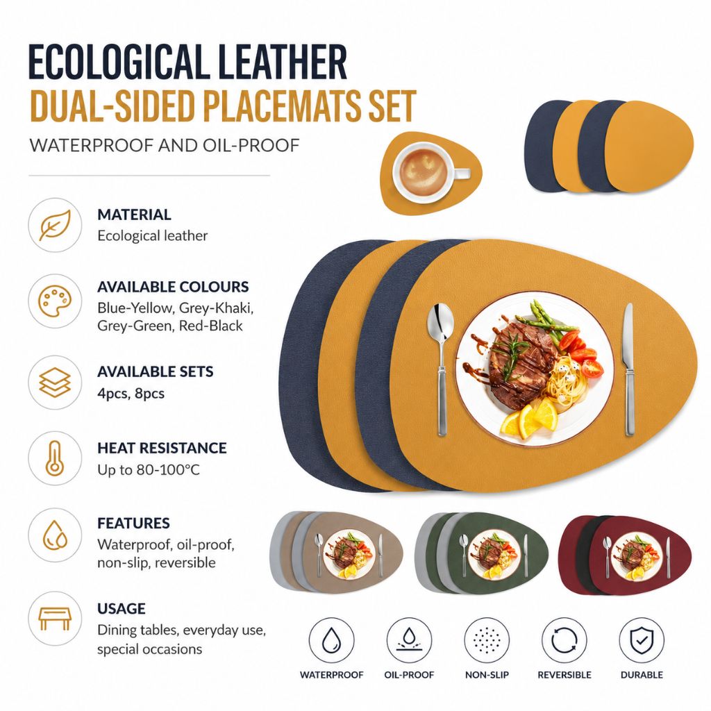 Reversible Faux Leather Table Mats 4 or 8 Pack Wipeable Heat Resistant Non-Slip for Kitchen Dining Room Everyday Meals Family Dinner