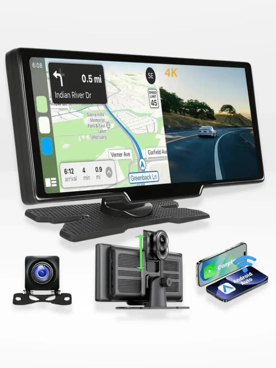 10.26-Inch Touchscreen CarPlay Display with Built-In Dash Cam for iPhone & Android | Wireless Bluetooth GPS Navigation Screen | HD Front