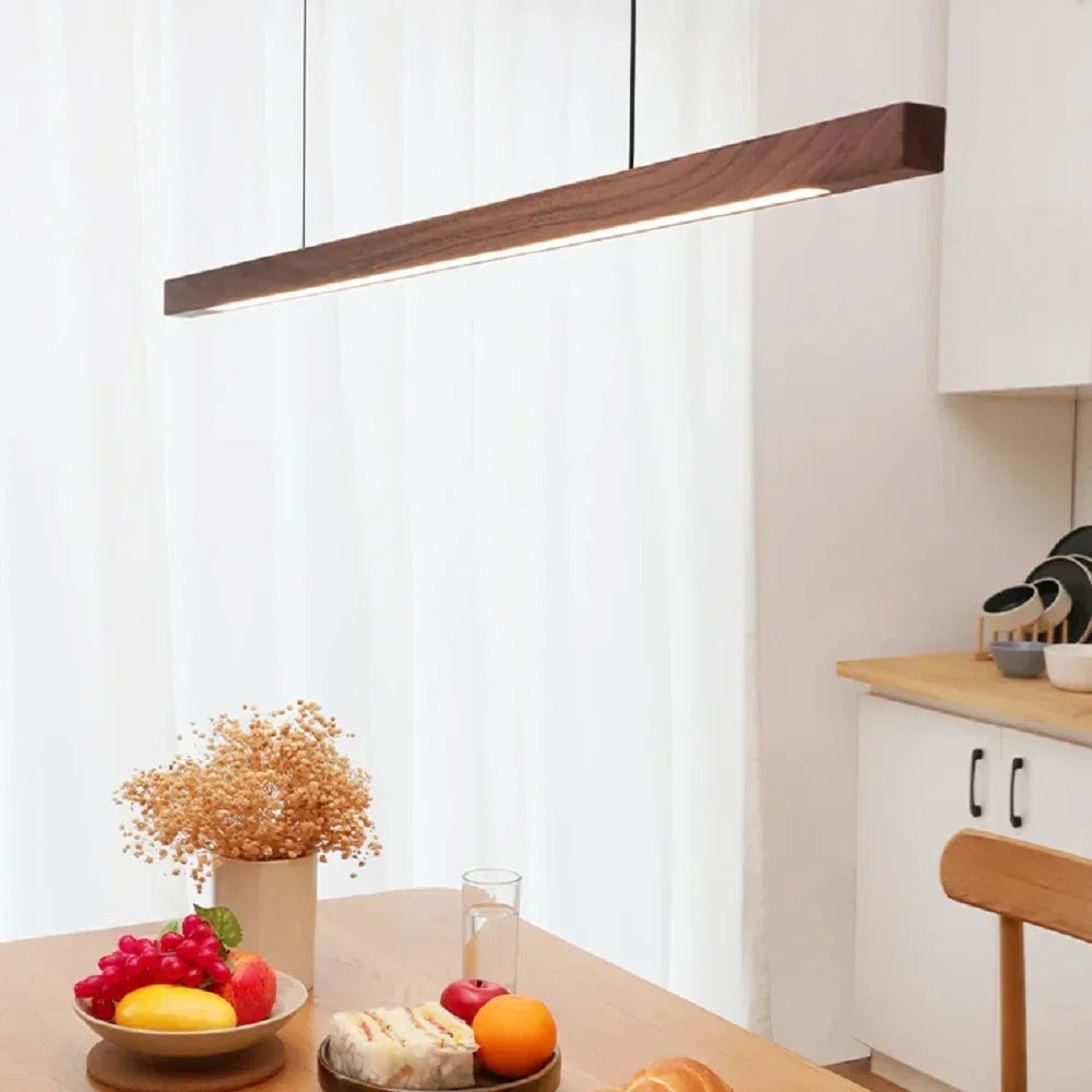 Linear Wood Hanging Light for Kitchen Island & Dining Table – Adjustable LED Ceiling Fixture in Pine or Walnut, 31-71 in Wide, Dimmable Opti