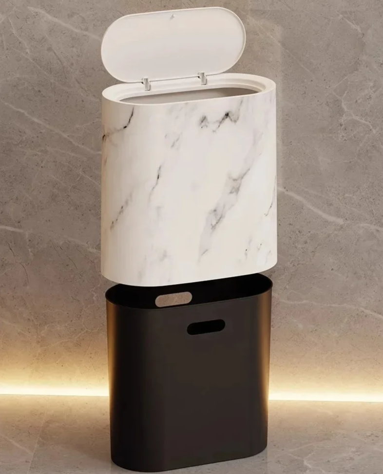 Push-Top Waste Basket with Marble-Look Finish – Slim Oval Design for Small Bathrooms, Bedrooms & Home Offices