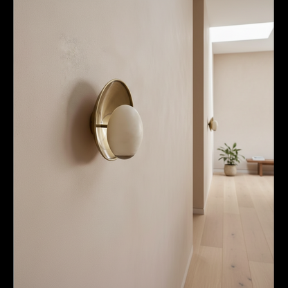 Natural Stone Sconce with Brass Reflector Plate – 14.6 Inch Round Alabaster Fixture for Bedroom, Entryway, Bathroom & Hallway Ambient Lighti