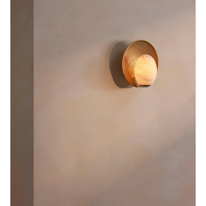 Natural Stone Sconce with Brass Reflector Plate – 14.6 Inch Round Alabaster Fixture for Bedroom, Entryway, Bathroom & Hallway Ambient Lighti
