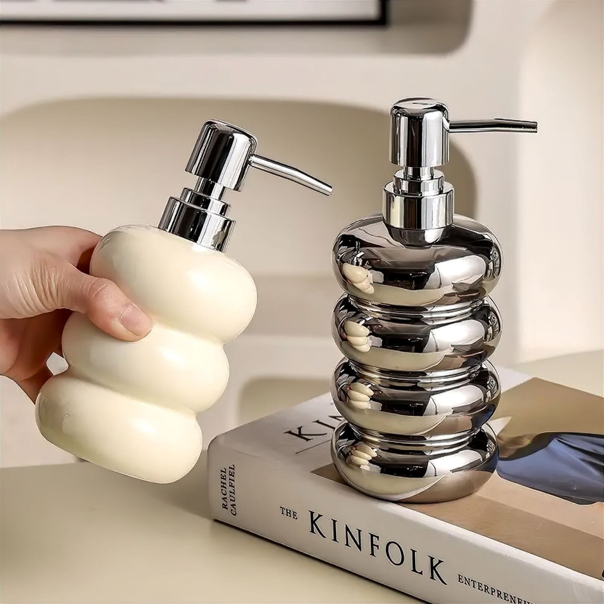 Liquid Soap Pump Dispenser for Bathroom & Kitchen Counter 14 fl oz Ceramic Lotion Bottle Holder Handwash Station Accessory Modern Countertop