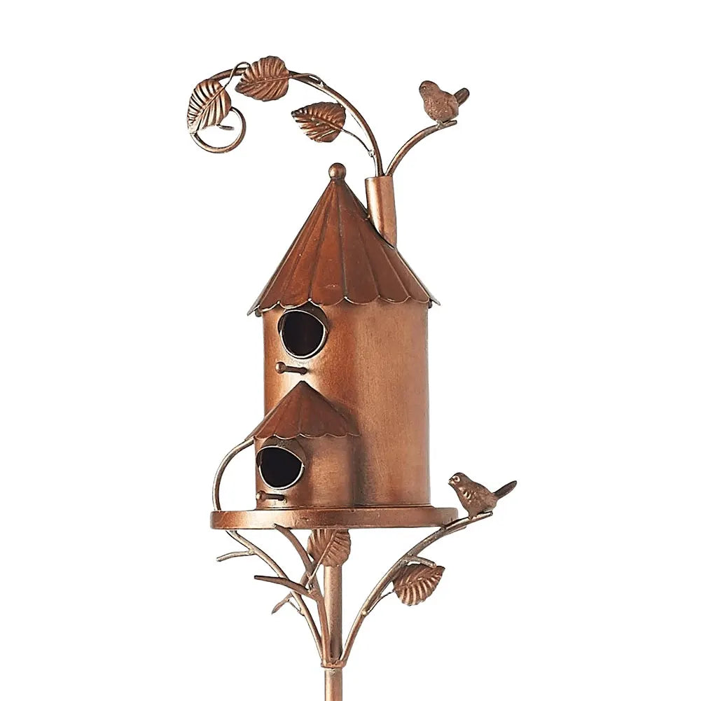 Metal Post-Mounted Bird Nesting House for Backyard Wildlife Habitat | Decorative Freestanding Garden Stake Feeder Station for Songbirds