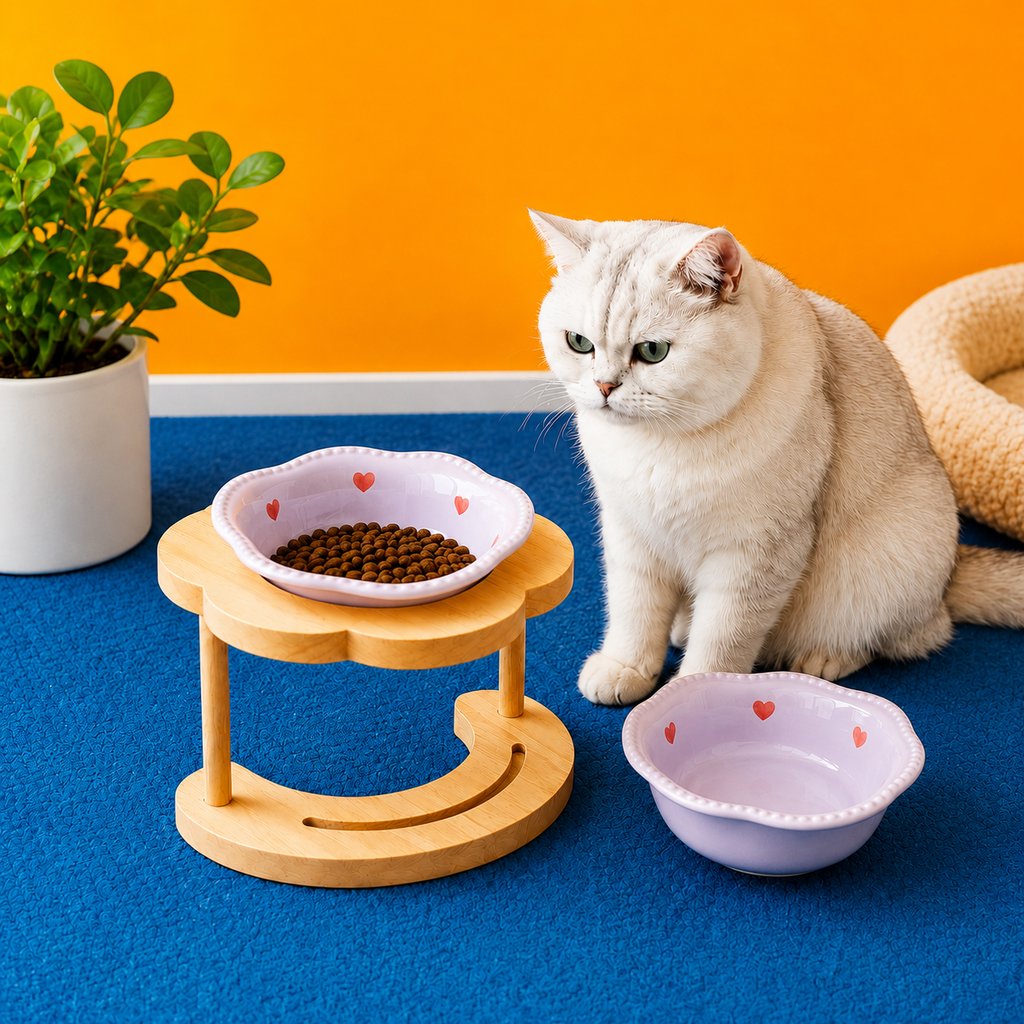 Ortekor Elevated Ceramic Pet Bowl with Wooden Stand for Cats & Small Dogs