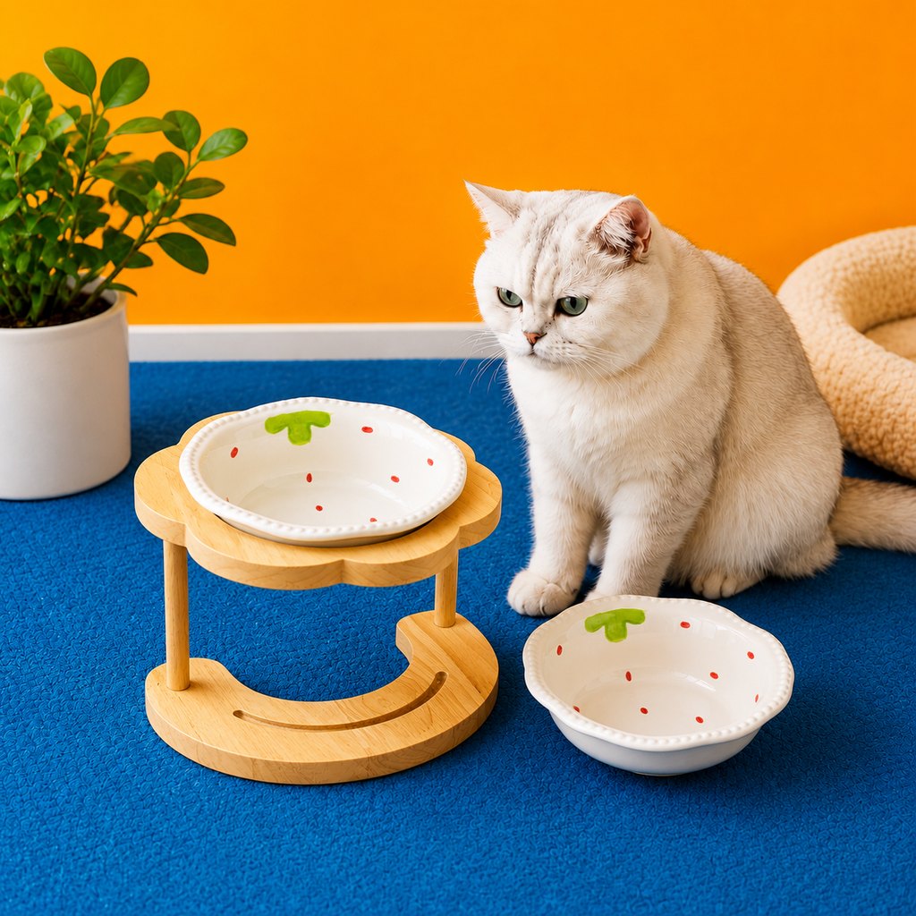 Ortekor Elevated Ceramic Pet Bowl with Wooden Stand for Cats & Small Dogs