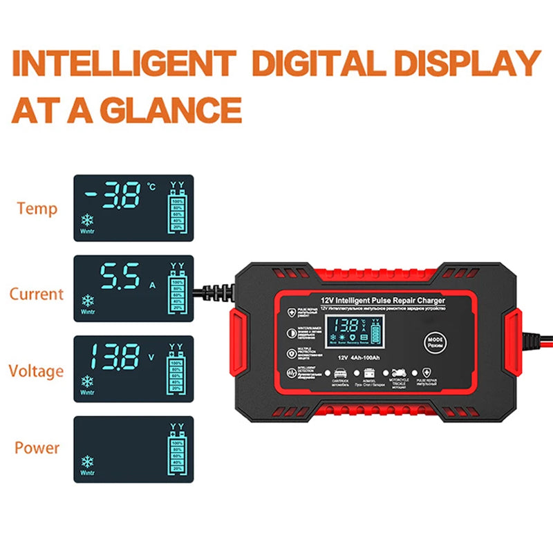 12V Smart Automatic Battery Charger with Pulse Repair & Winter Mode for Cars & Motorcycles