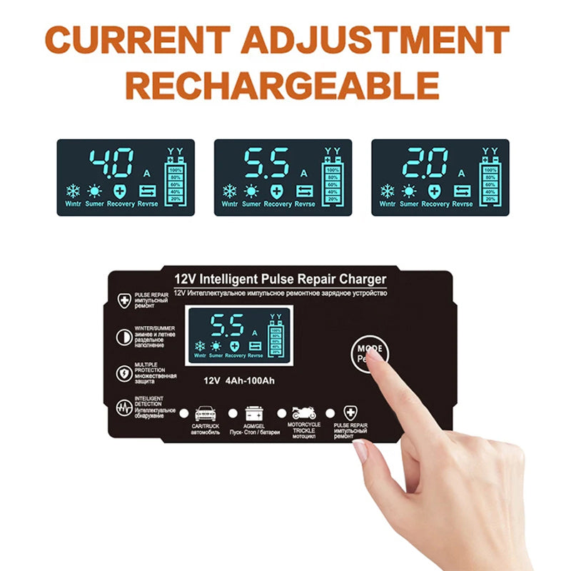 12V Smart Automatic Battery Charger with Pulse Repair & Winter Mode for Cars & Motorcycles
