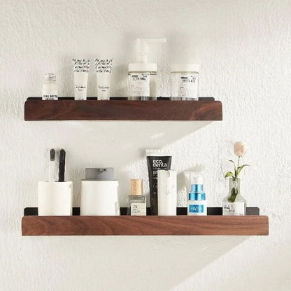 Wall-Mounted Timber Organizer Rack 19.7 in Wide No-Drill Installation for Washroom Toiletries Above Sink Storage Natural Wood Floating Ledge