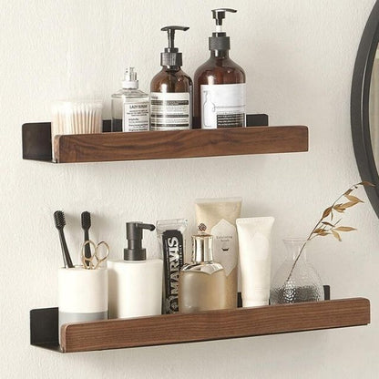 Wall-Mounted Timber Organizer Rack 19.7 in Wide No-Drill Installation for Washroom Toiletries Above Sink Storage Natural Wood Floating Ledge