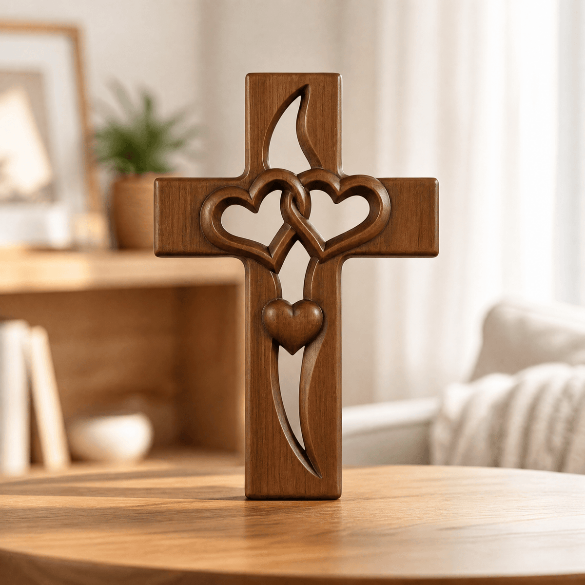 Wooden Cross Wall Art with Dual Hearts for Living Room Bedroom Entryway Faith Decor Handcrafted Religious Symbol