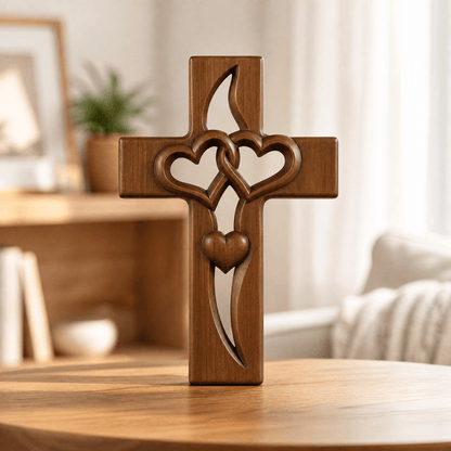Wooden Cross Wall Art with Dual Hearts for Living Room Bedroom Entryway Faith Decor Handcrafted Religious Symbol