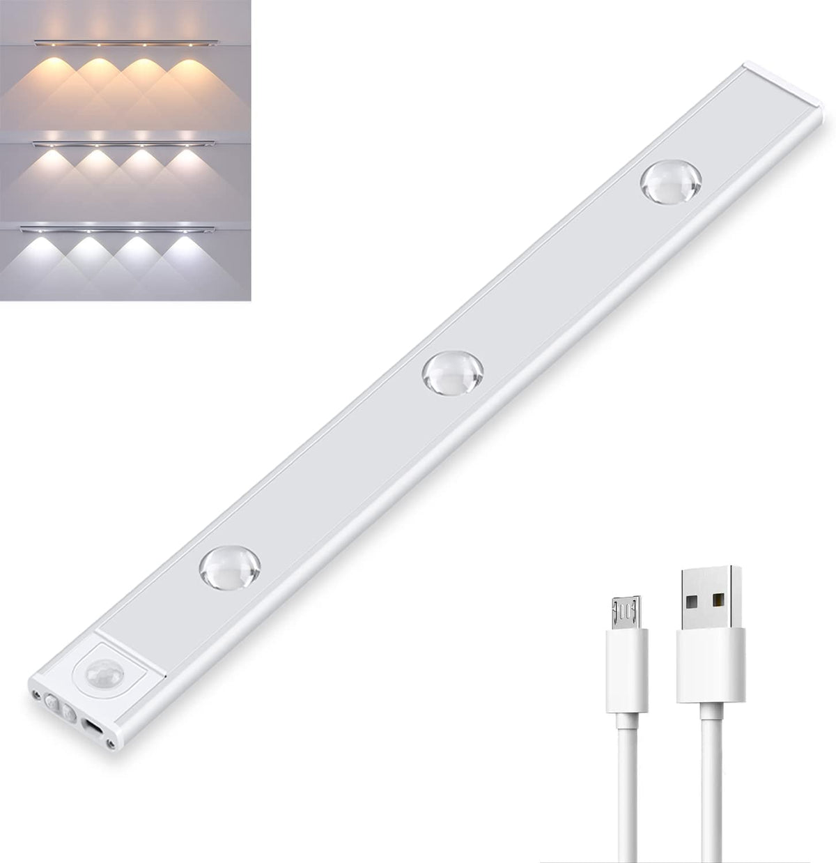 Rechargeable Motion-Sensor LED Under Cabinet Light Bar – 12 in, Dimmable, 3 Color Temps – Wireless Closet & Kitchen Lighting