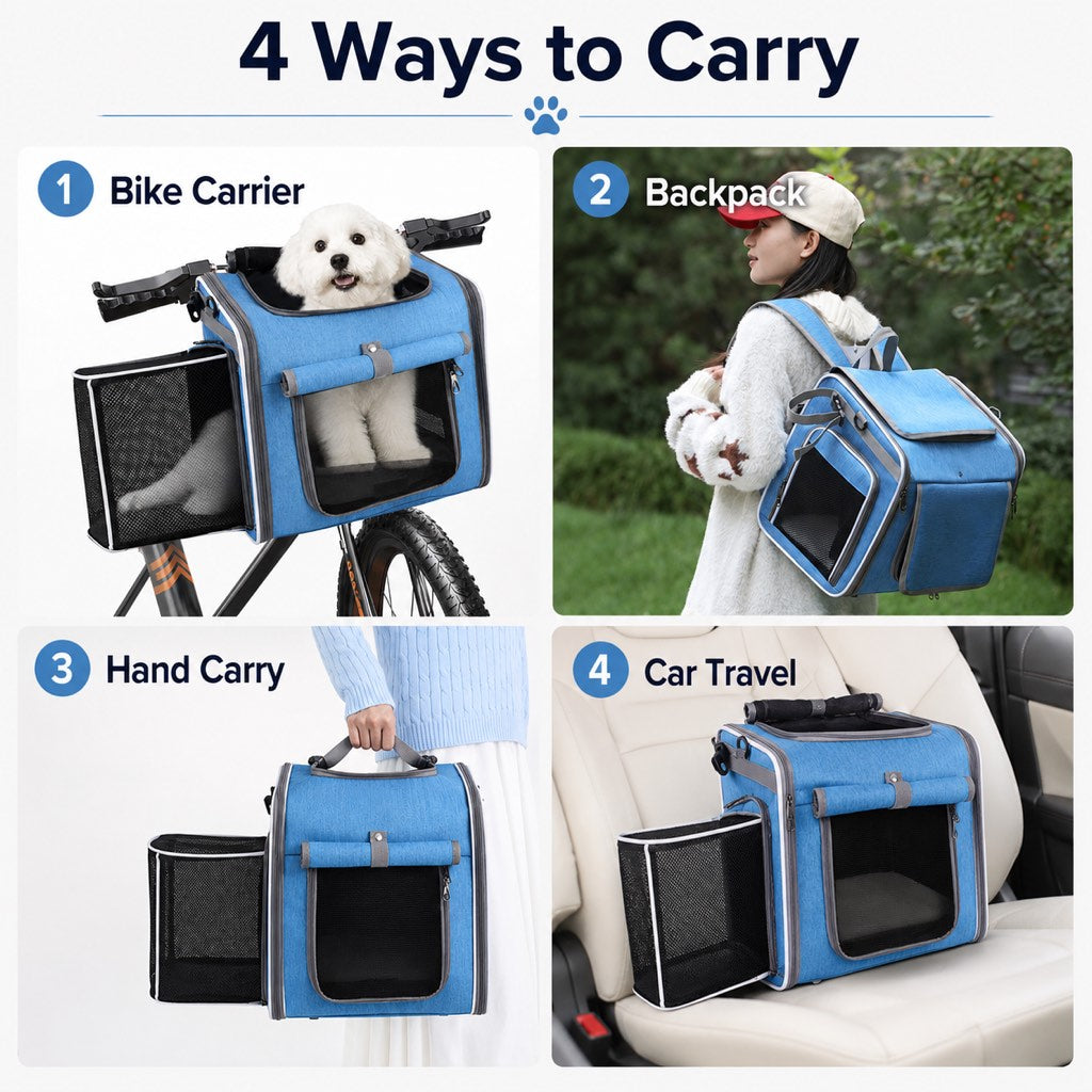 Ortekor 4-in-1 Expandable Bike Pet Carrier Backpack for Cats &Small Dogs - Hands-Free Rides, Car Travel & Vet Trips with Extra Breathing Room