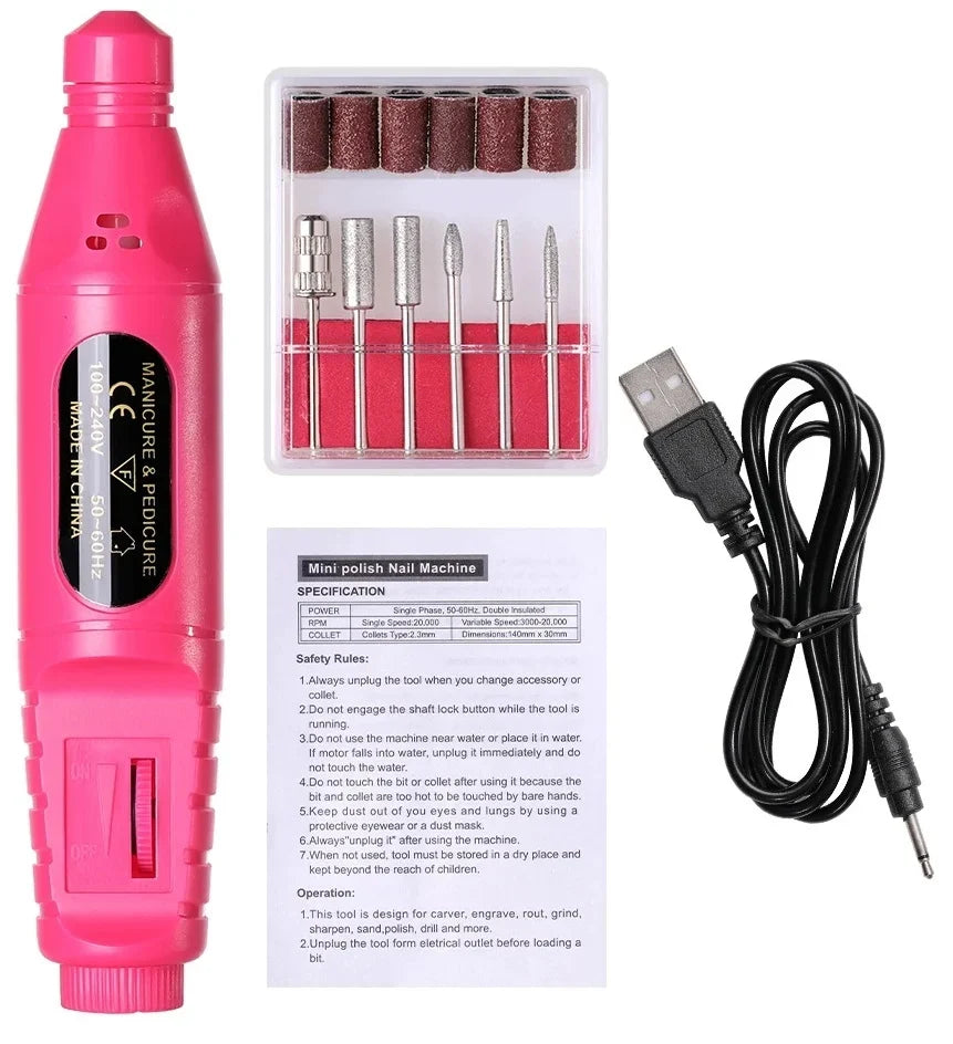 Electric Nail File Cordless USB Rechargeable 6 Attachments