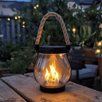 Flickering Flame Outdoor Lantern with Solar Panel 10 in Tall Glass LED Garden Light Waterproof Hanging Patio Decoration Dusk Sensor USB Back