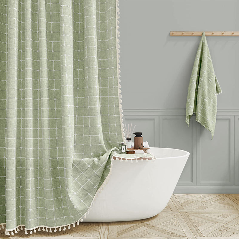 Waterproof Bath Curtain with Tassel Trim 71 x 79 Inches Gray Woven Linen Privacy Screen for Bohemian Bathrooms Country Style Decor Machine W