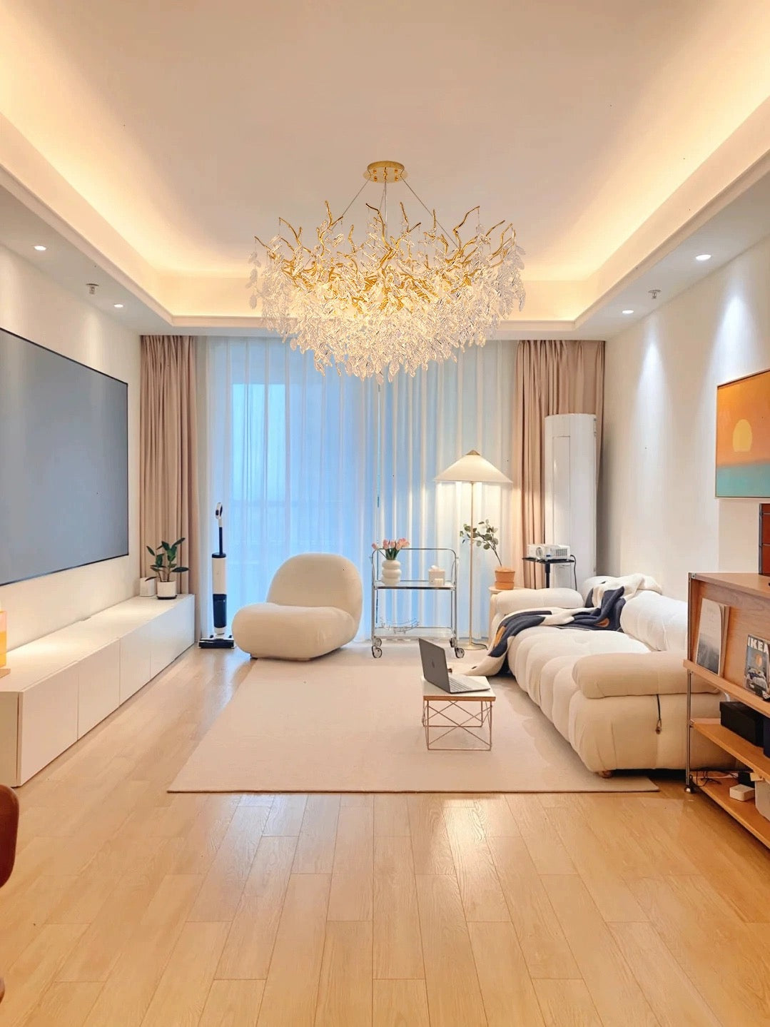 Crystal Branch Chandelier with LED Lights for Dining Room & Living Space | Modern Hanging Fixture | Adjustable Chain | Round or Rectangular