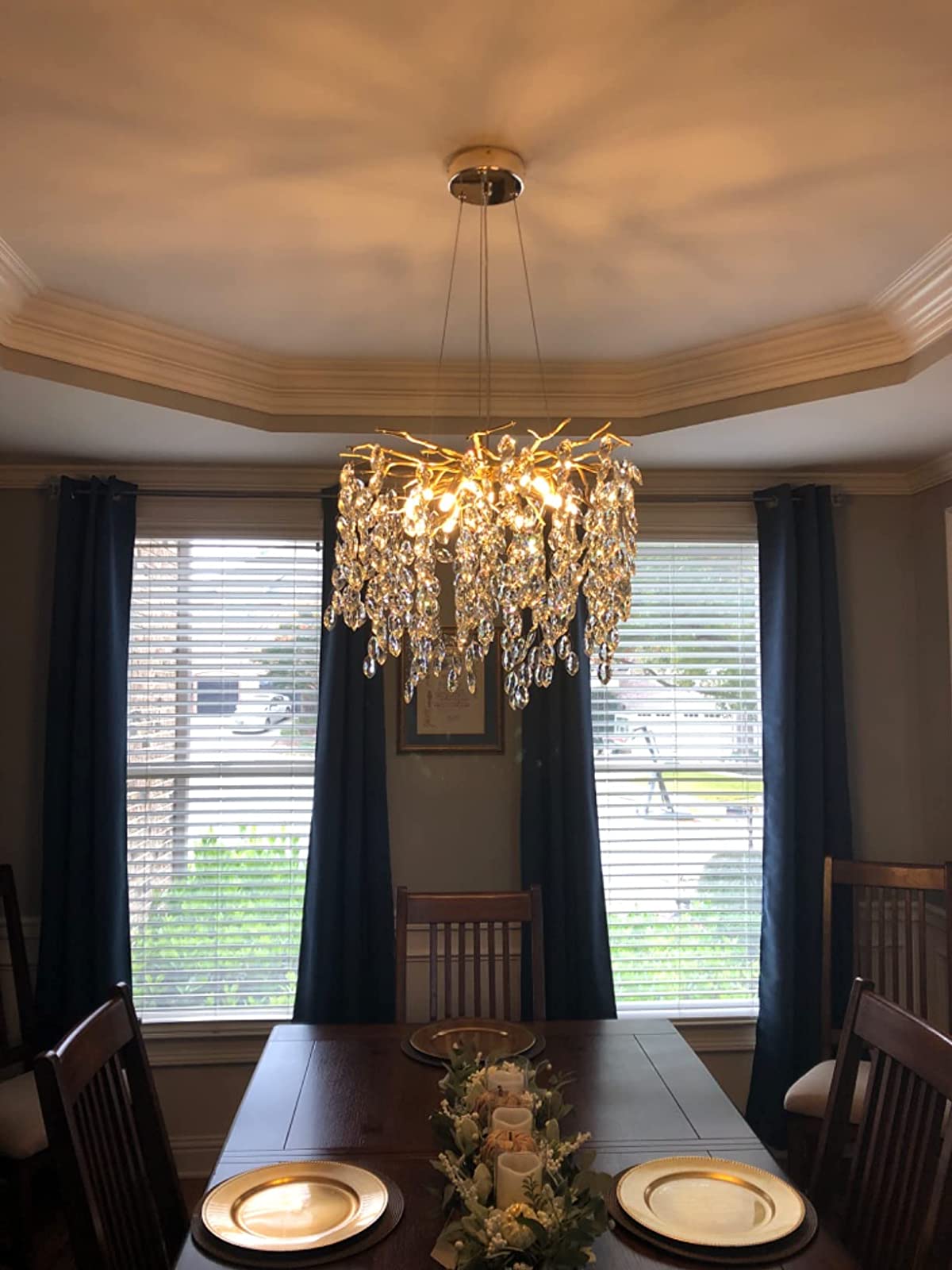 Crystal Branch Chandelier with LED Lights for Dining Room & Living Space | Modern Hanging Fixture | Adjustable Chain | Round or Rectangular