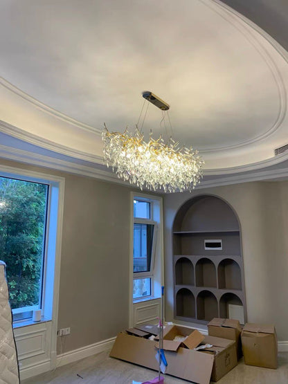 Crystal Branch Chandelier with LED Lights for Dining Room & Living Space | Modern Hanging Fixture | Adjustable Chain | Round or Rectangular
