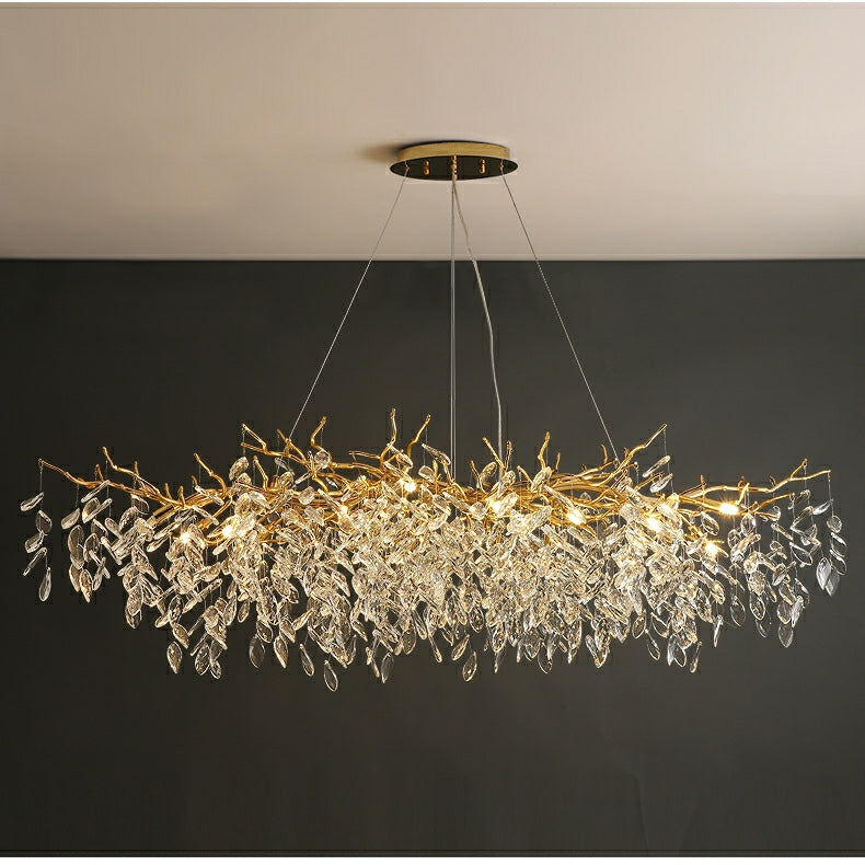 Crystal Branch Chandelier with LED Lights for Dining Room & Living Space | Modern Hanging Fixture | Adjustable Chain | Round or Rectangular