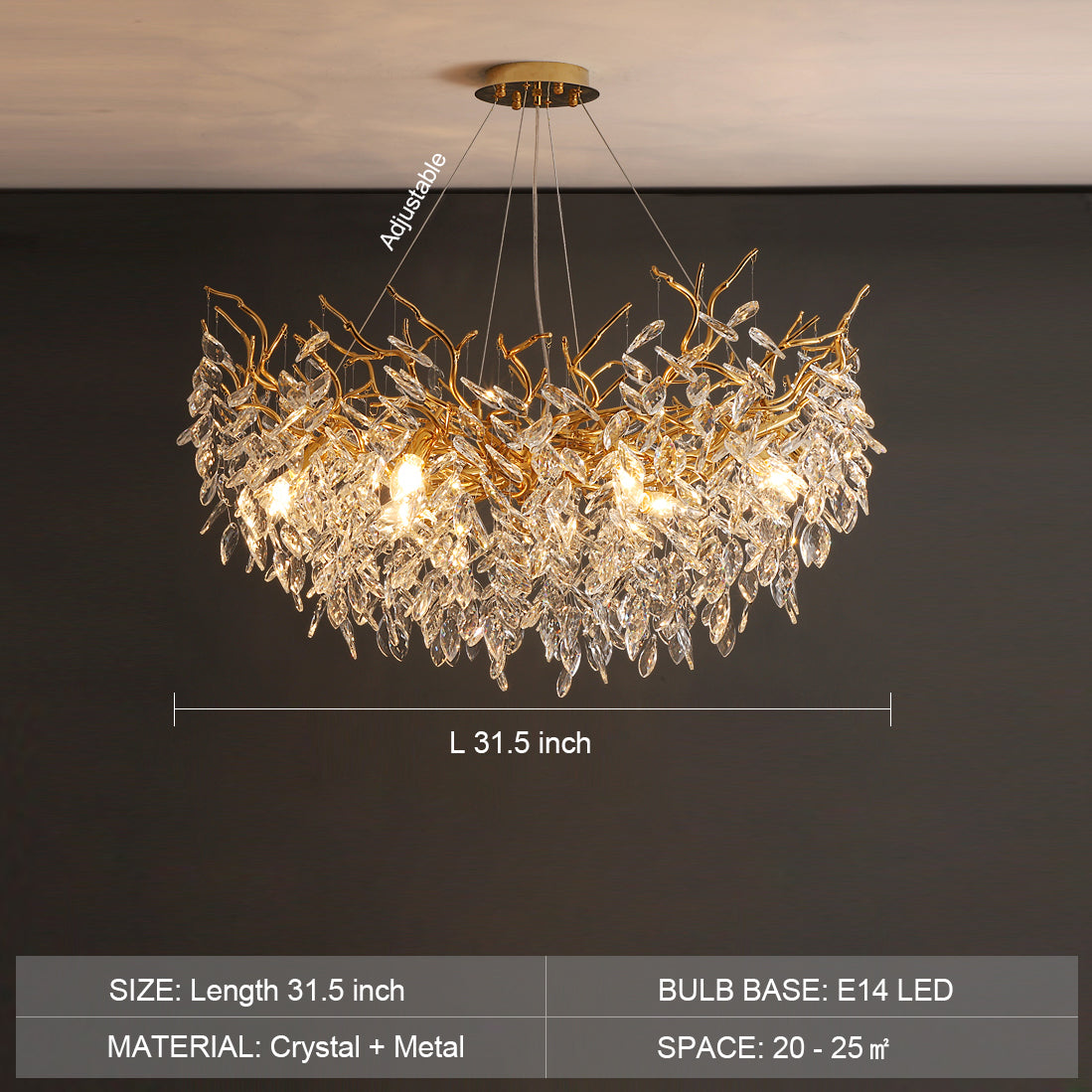 Crystal Branch Chandelier with LED Lights for Dining Room & Living Space | Modern Hanging Fixture | Adjustable Chain | Round or Rectangular