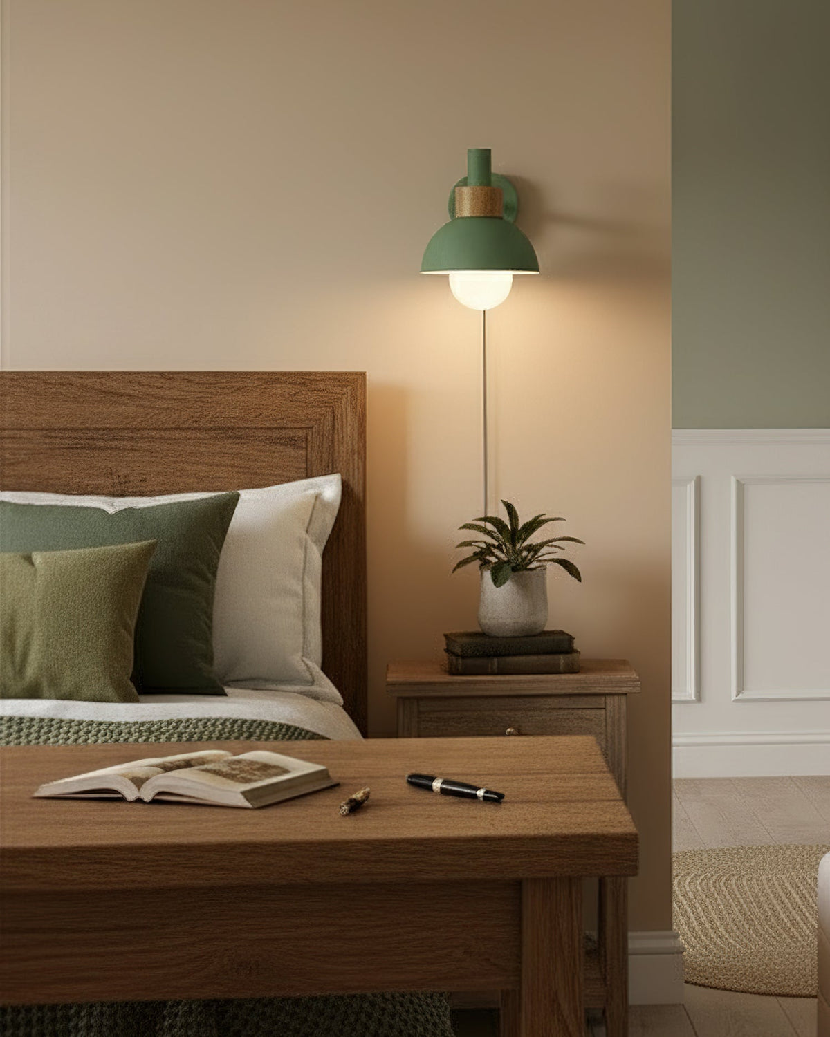 Plug-In Wall Sconce with Wood Accent 6×7 Inches E26 LED Fixture for Bedroom Hallway Living Room Indoor Decorative Lighting Compact Modern Wa
