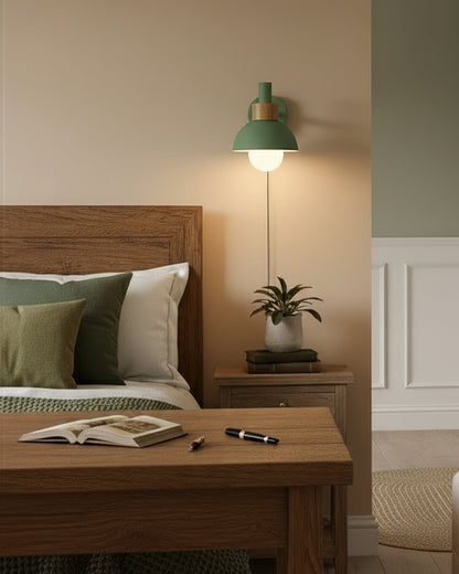 Plug-In Wall Sconce with Wood Accent 6×7 Inches E26 LED Fixture for Bedroom Hallway Living Room Indoor Decorative Lighting Compact Modern Wa