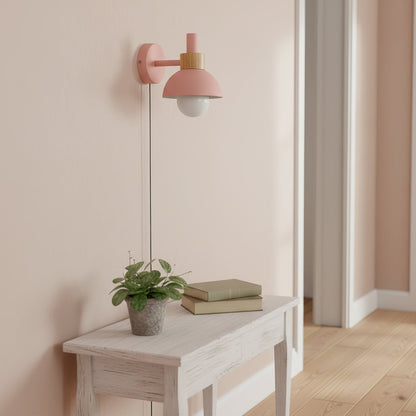 Plug-In Wall Sconce with Wood Accent 6×7 Inches E26 LED Fixture for Bedroom Hallway Living Room Indoor Decorative Lighting Compact Modern Wa