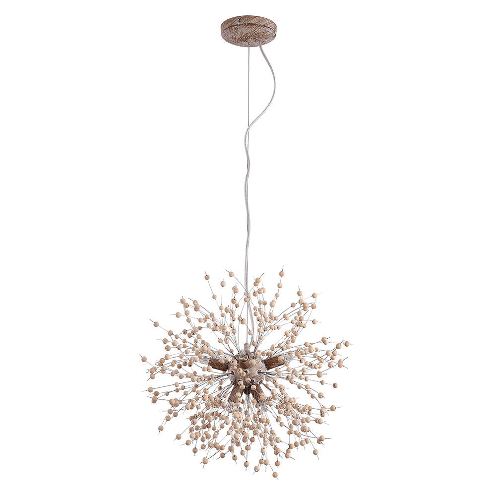 Dandelion Burst Pendant Light with Wooden Beads | Starburst Chandelier for Dining Room & Living Room | Adjustable Height Ceiling Light