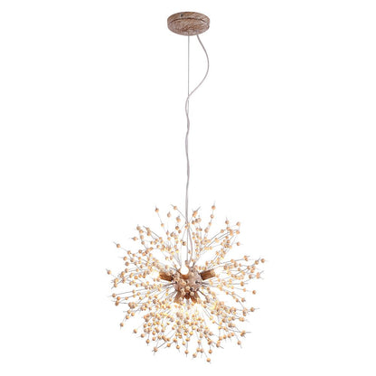 Dandelion Burst Pendant Light with Wooden Beads | Starburst Chandelier for Dining Room & Living Room | Adjustable Height Ceiling Light