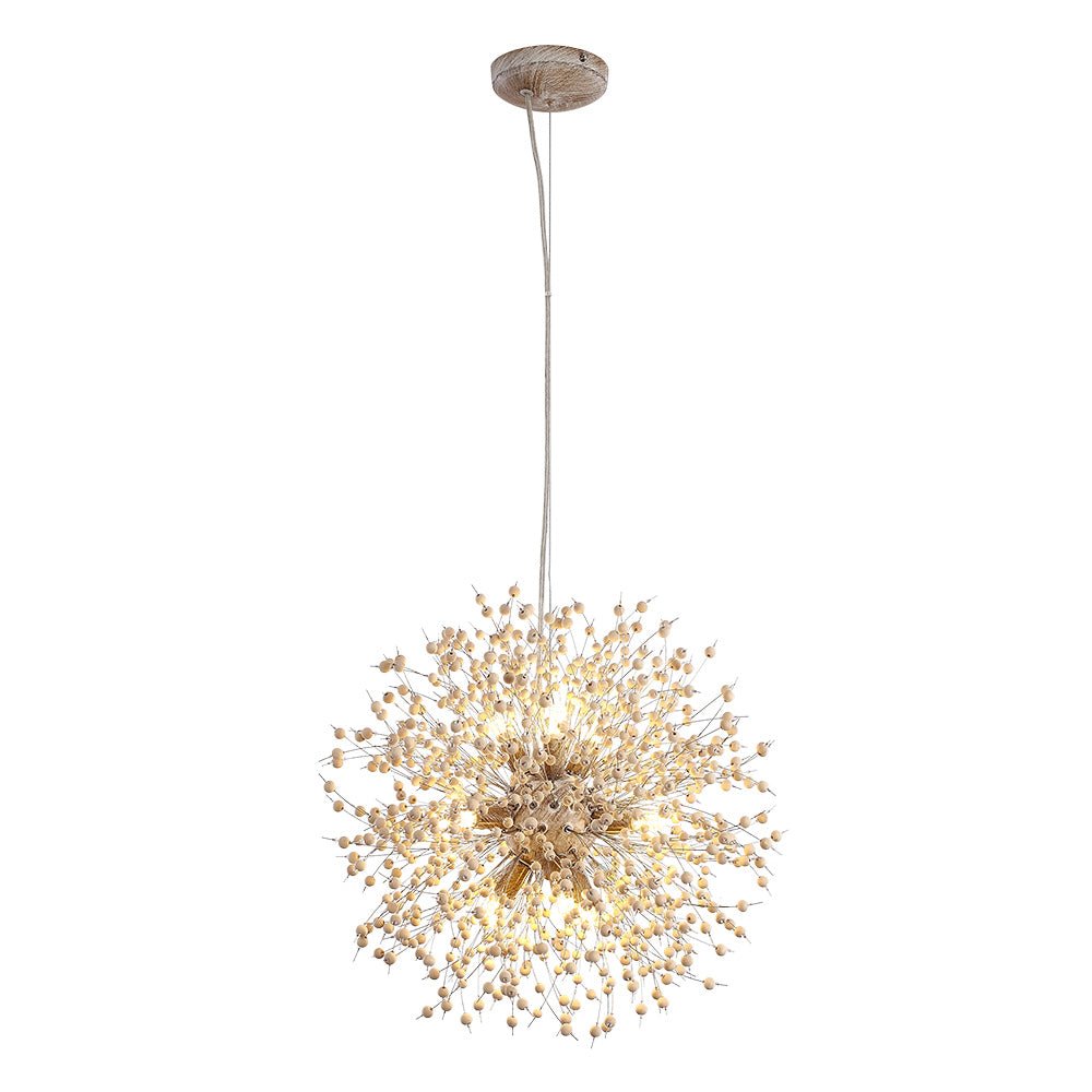 Dandelion Burst Pendant Light with Wooden Beads | Starburst Chandelier for Dining Room & Living Room | Adjustable Height Ceiling Light