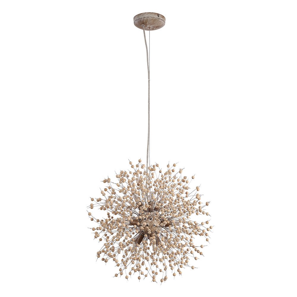Dandelion Burst Pendant Light with Wooden Beads | Starburst Chandelier for Dining Room & Living Room | Adjustable Height Ceiling Light