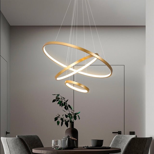 Triple-Ring LED Chandelier – Adjustable Dimmable Modern Ceiling Light – Black, Gold, White – 24x16x8 Inch Rings – Contemporary Hanging