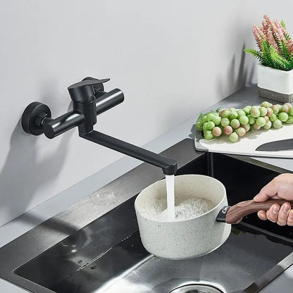 Wall-Mount Dual-Handle Mixer Tap with Rotating Spout for Kitchen Sink Bathroom Utility Room Laundry Modern Two-Lever Fixture Chrome