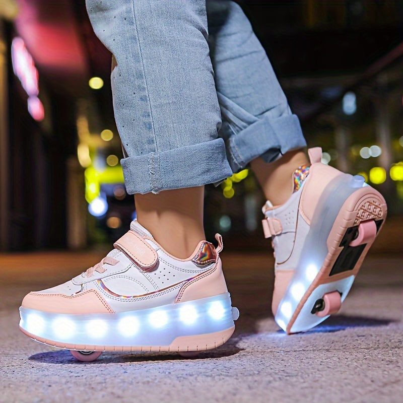 Light-Up Roller Skate Shoes for Kids with Detachable Wheels Purple Rechargeable Sneakers Boys Girls Indoor Outdoor Heelys-Style Footwear Ath
