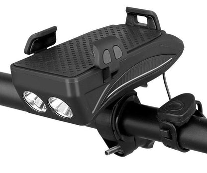 Bicycle Smartphone Mount with 4000mAh Charger LED Headlight Horn Combo for Handlebars | Multi-Function Cycling Accessory for Commuters Road