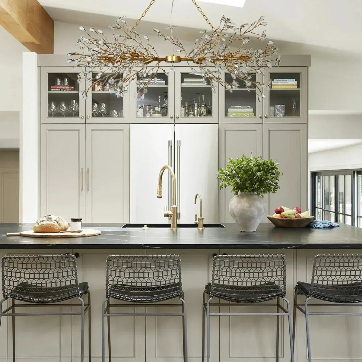 Crystal Branch Chandelier 8-10 Light Linear Fixture for Dining Room Gold Silver Bronze Finish