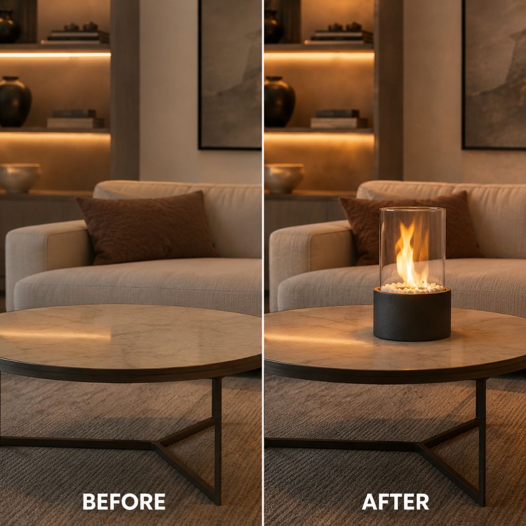 Tabletop Ethanol Burner with Glass Cylinder & Marble Base for Indoor Outdoor Patio Dining Living Room Portable Flame Centerpiece Decor