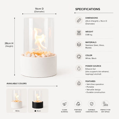Tabletop Ethanol Burner with Glass Cylinder & Marble Base for Indoor Outdoor Patio Dining Living Room Portable Flame Centerpiece Decor
