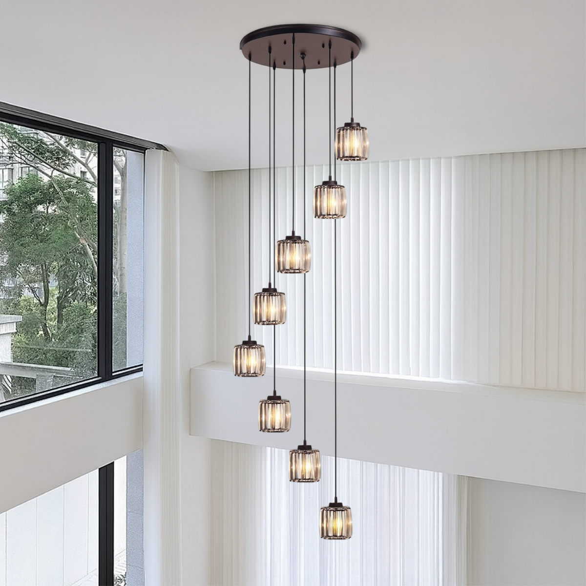 Multi-Tier Drop Chandelier for High Ceilings with Ribbed Glass Shades in Black Finish | Adjustable Vertical Lighting for Staircases, Foyers,
