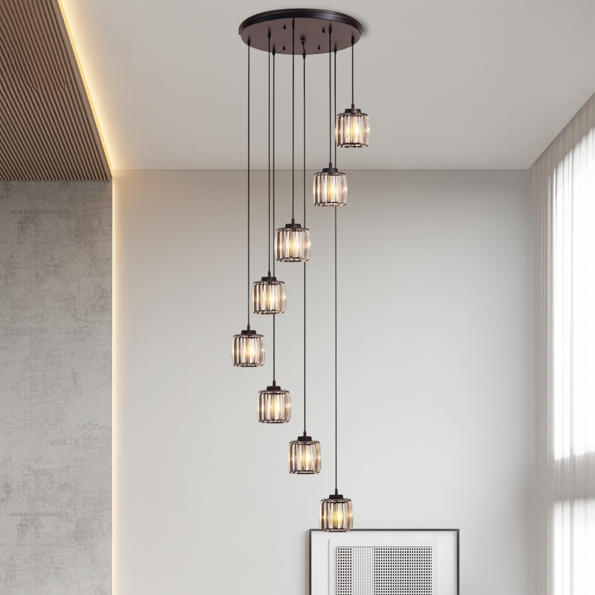 Multi-Tier Drop Chandelier for High Ceilings with Ribbed Glass Shades in Black Finish | Adjustable Vertical Lighting for Staircases, Foyers,