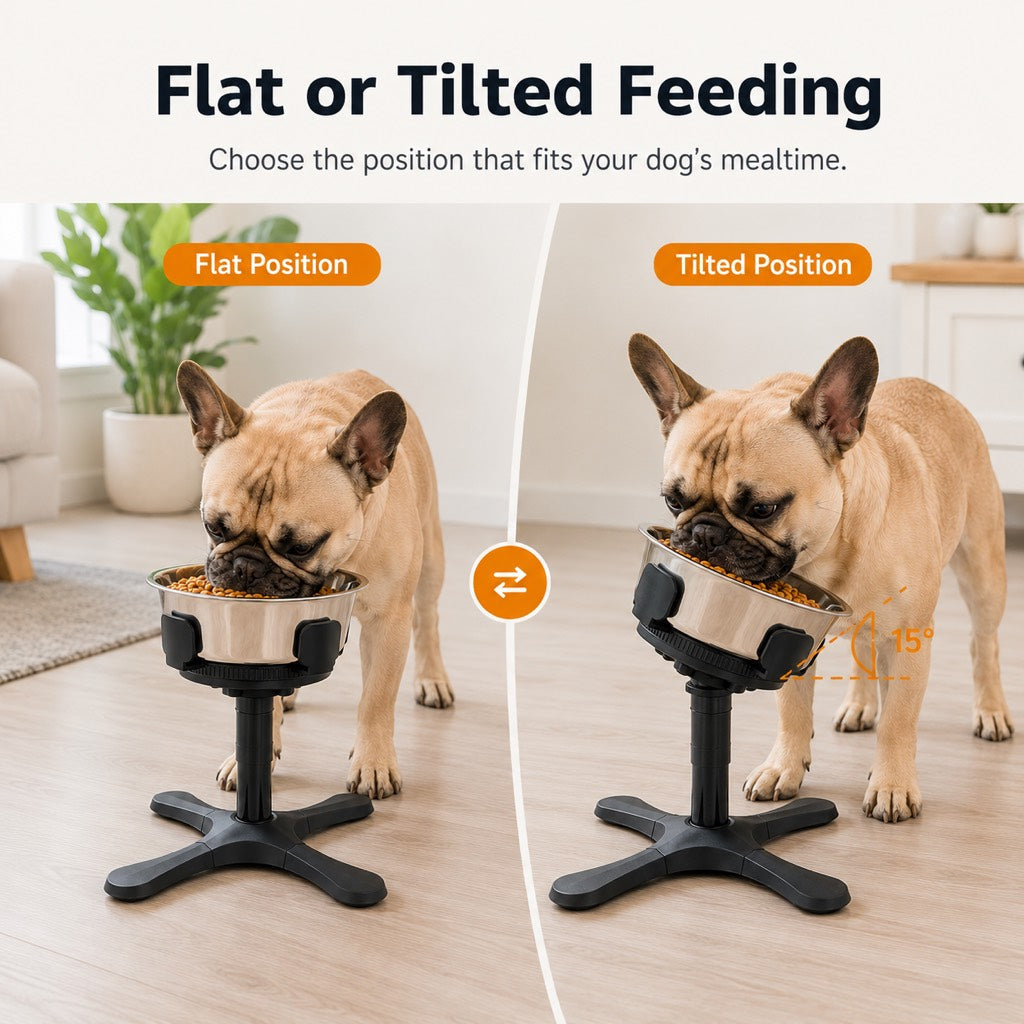 Ortekor French Bulldog Adjustable Elevated Tilted Dog Bowl for Kitchen Feeding Corners - 3-Height Stand with Slow Feeder Insert to Reduce Neck Bending & Mess