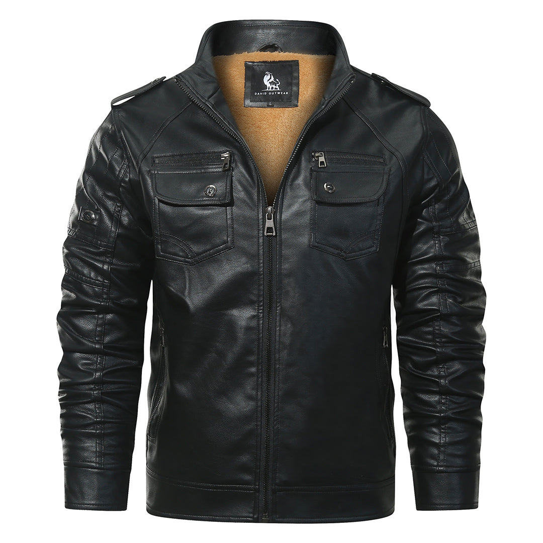 Faux Leather Moto Jacket for Men – Black Fleece-Lined Biker Coat with Water-Resistant Finish