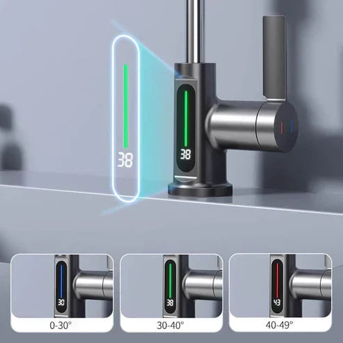 Kitchen Sink Faucet with Pull-Down Sprayer & LED Temperature Display – 360° Swivel, 5 Spray Settings, Brushed Nickel Finish for Modern Homes