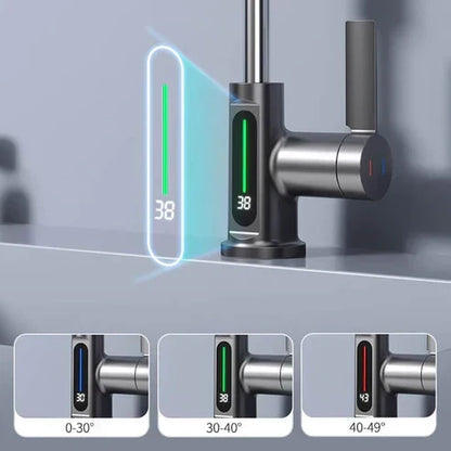 Kitchen Sink Faucet with Pull-Down Sprayer & LED Temperature Display – 360° Swivel, 5 Spray Settings, Brushed Nickel Finish for Modern Homes