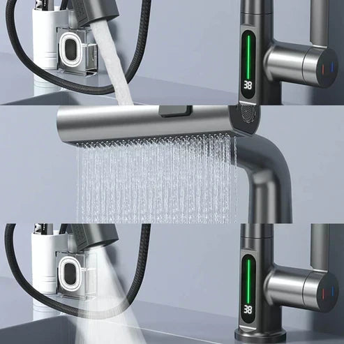 Kitchen Sink Faucet with Pull-Down Sprayer & LED Temperature Display – 360° Swivel, 5 Spray Settings, Brushed Nickel Finish for Modern Homes