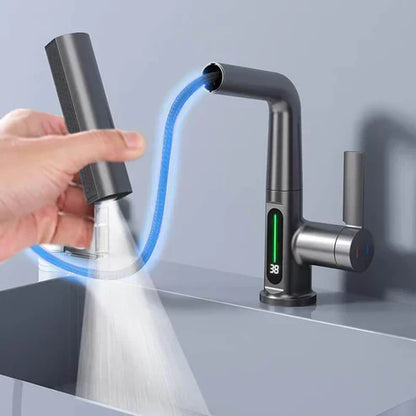Kitchen Sink Faucet with Pull-Down Sprayer & LED Temperature Display – 360° Swivel, 5 Spray Settings, Brushed Nickel Finish for Modern Homes
