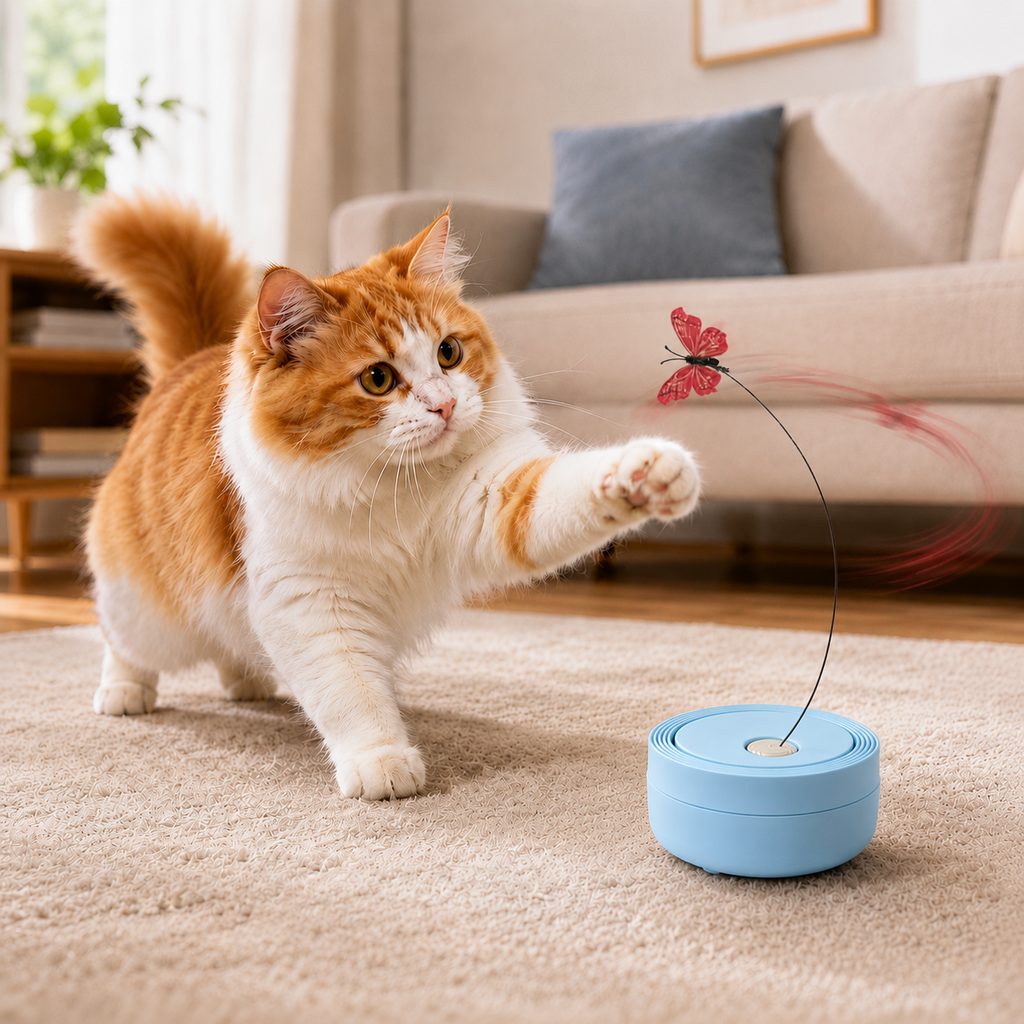 Ortekor FlutterFly 360 Automatic Butterfly Cat Toy for Indoor Cats - Hands-Free Self-Play Teaser to Beat Boredom